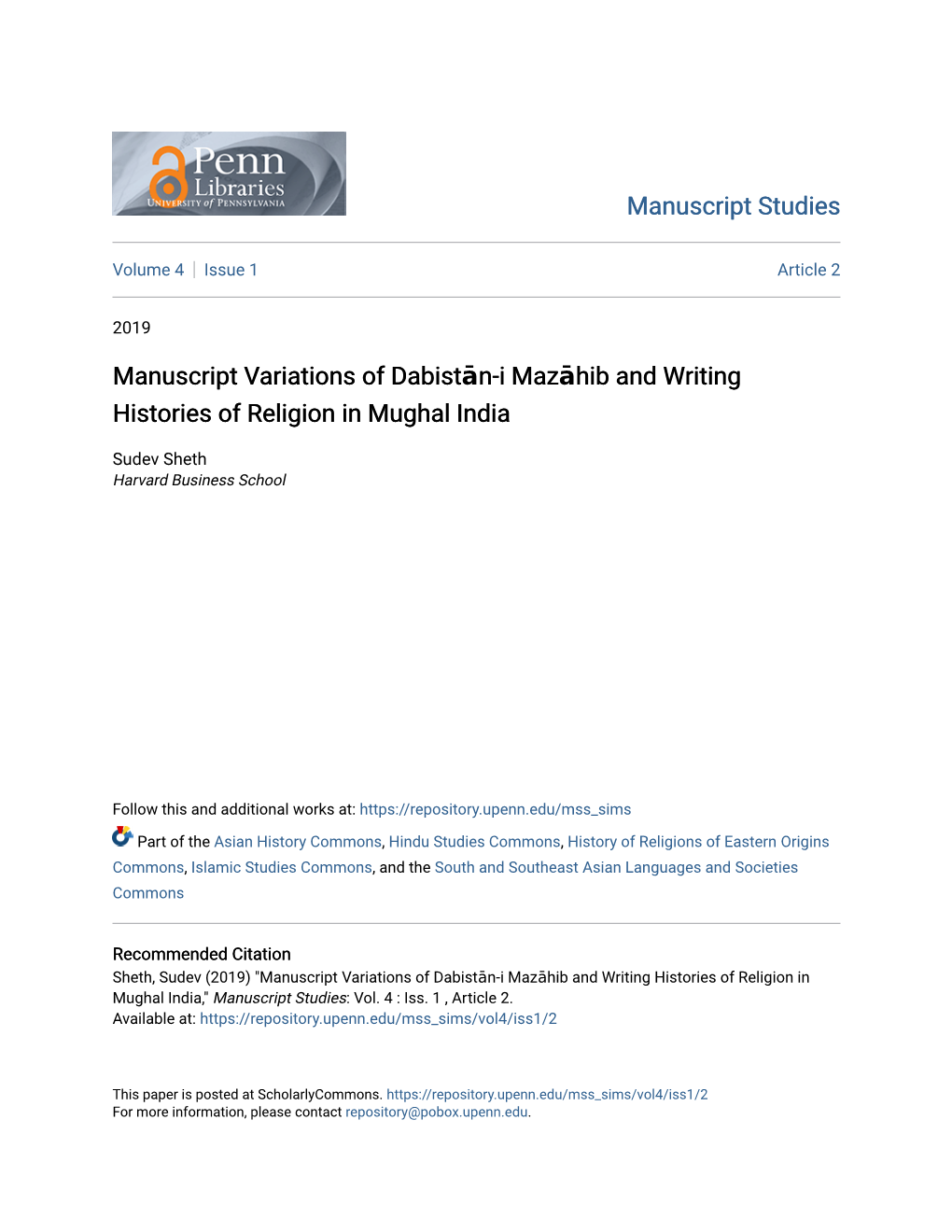 Manuscript Variations of Dabistān-I Mazāhib and Writing Histories of Religion in Mughal India