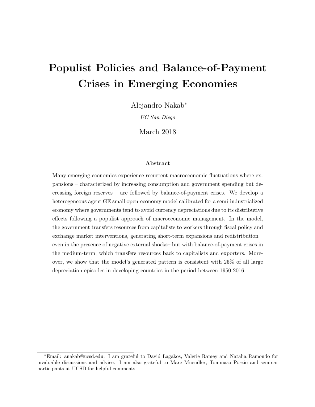 Populist Policies and Balance-Of-Payment Crises in Emerging Economies