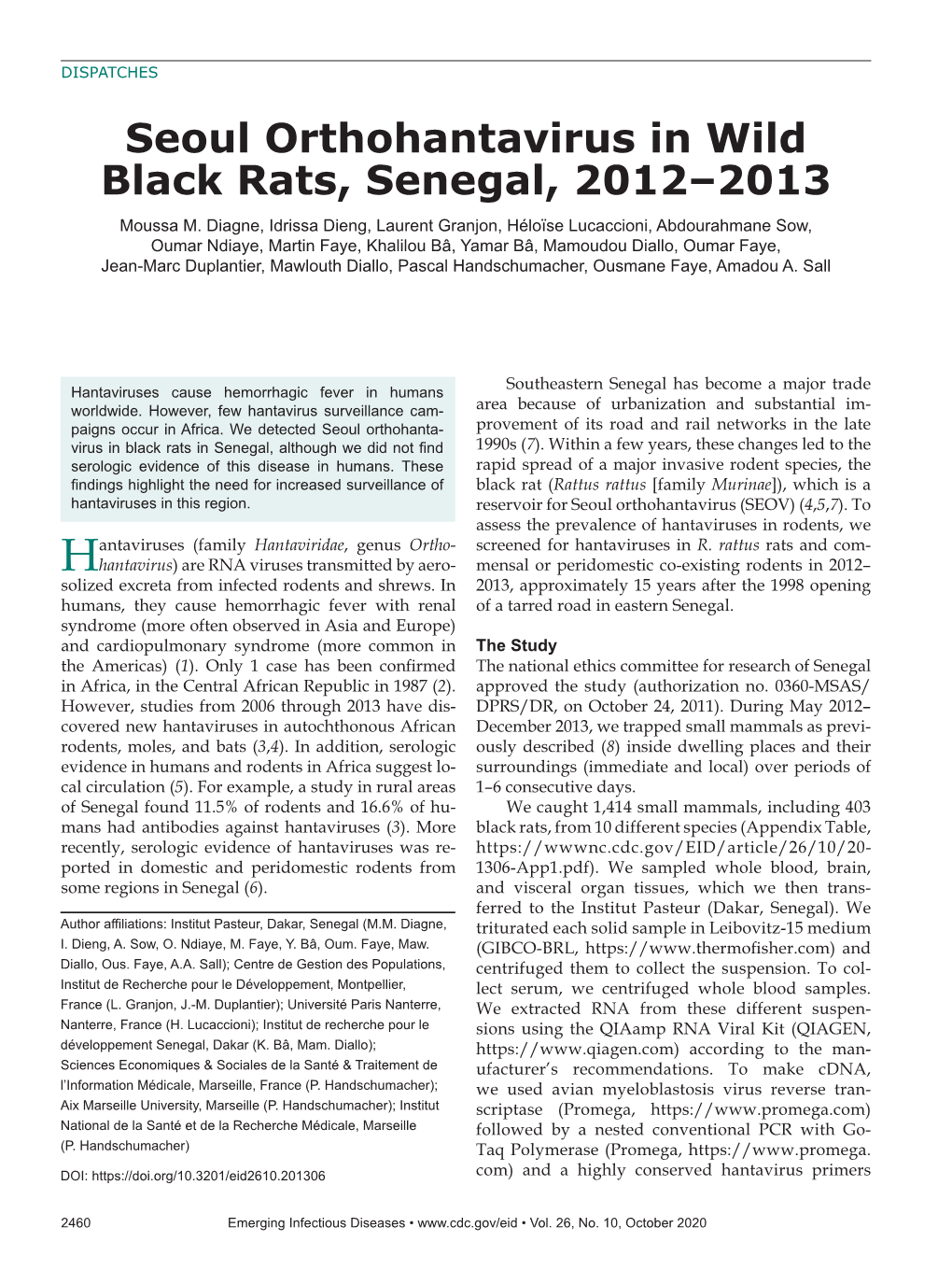 Seoul Orthohantavirus in Wild Black Rats, Senegal, 2012–2013 Moussa M