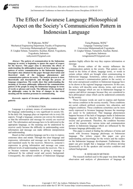 The Effect of Javanese Language Philosophical Aspect on the Society’S Communication Pattern in Indonesian Language