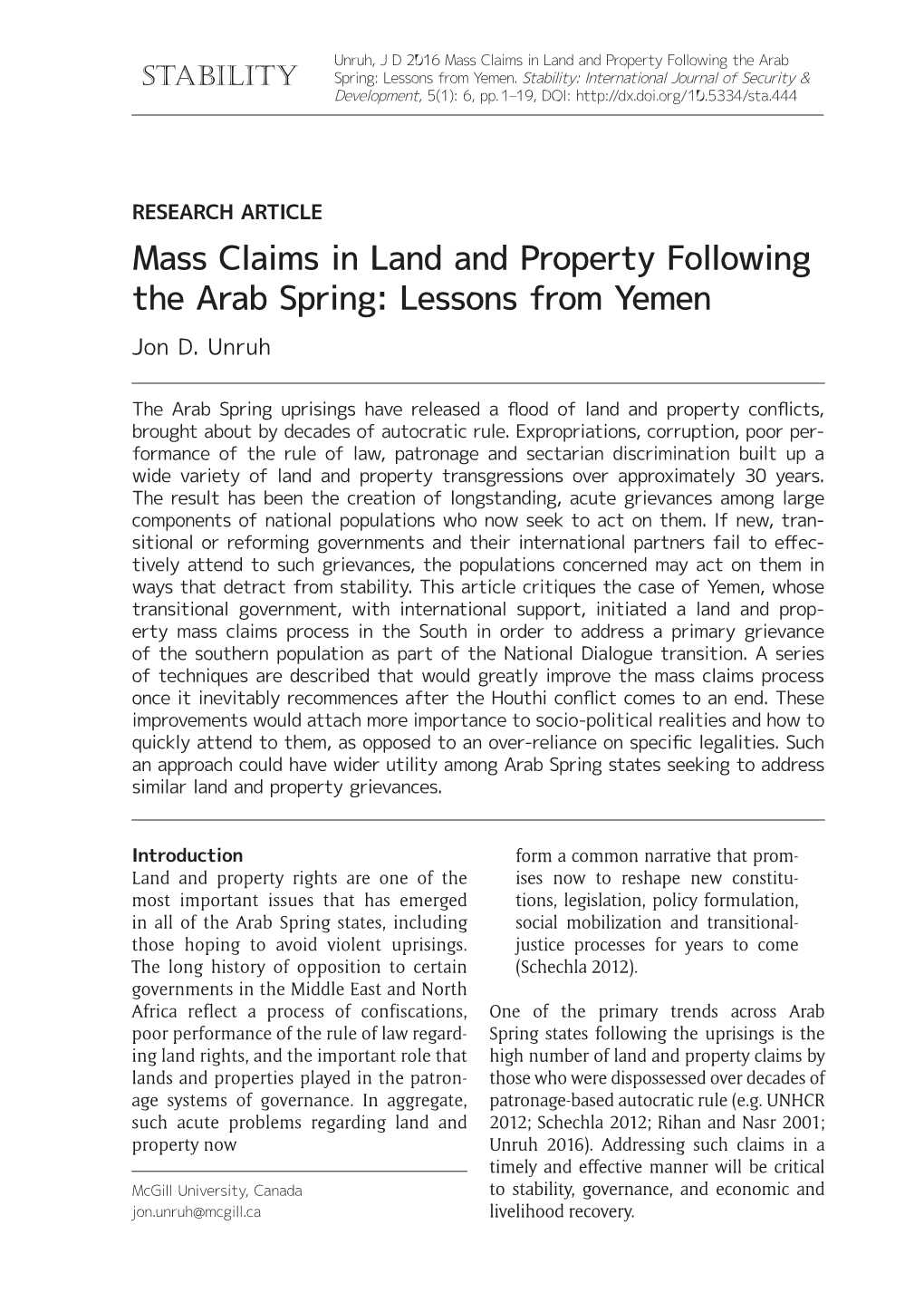 Mass Claims in Land and Property Following the Arab Spring: Lessons from Yemen Jon D