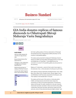 GIA India Donates Replicas of Famous Diamonds to Chhatrapati Shivaji Maharaja Vastu Sangrahalaya ANI Last Updated at November 19, 2019 11:45 IST
