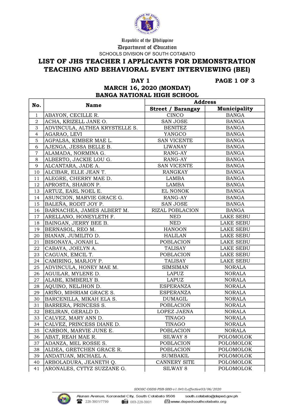List of Jhs Teacher I Applicants for Demonstration Teaching and Behavioral Event Interviewing (Bei)