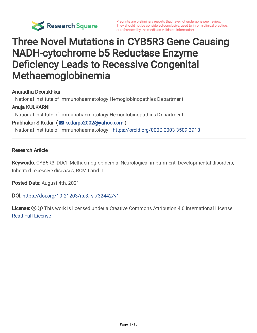Three Novel Mutations in CYB5R3 Gene Causing NADH-Cytochrome B5 Reductase Enzyme Defciency Leads to Recessive Congenital Methaemoglobinemia