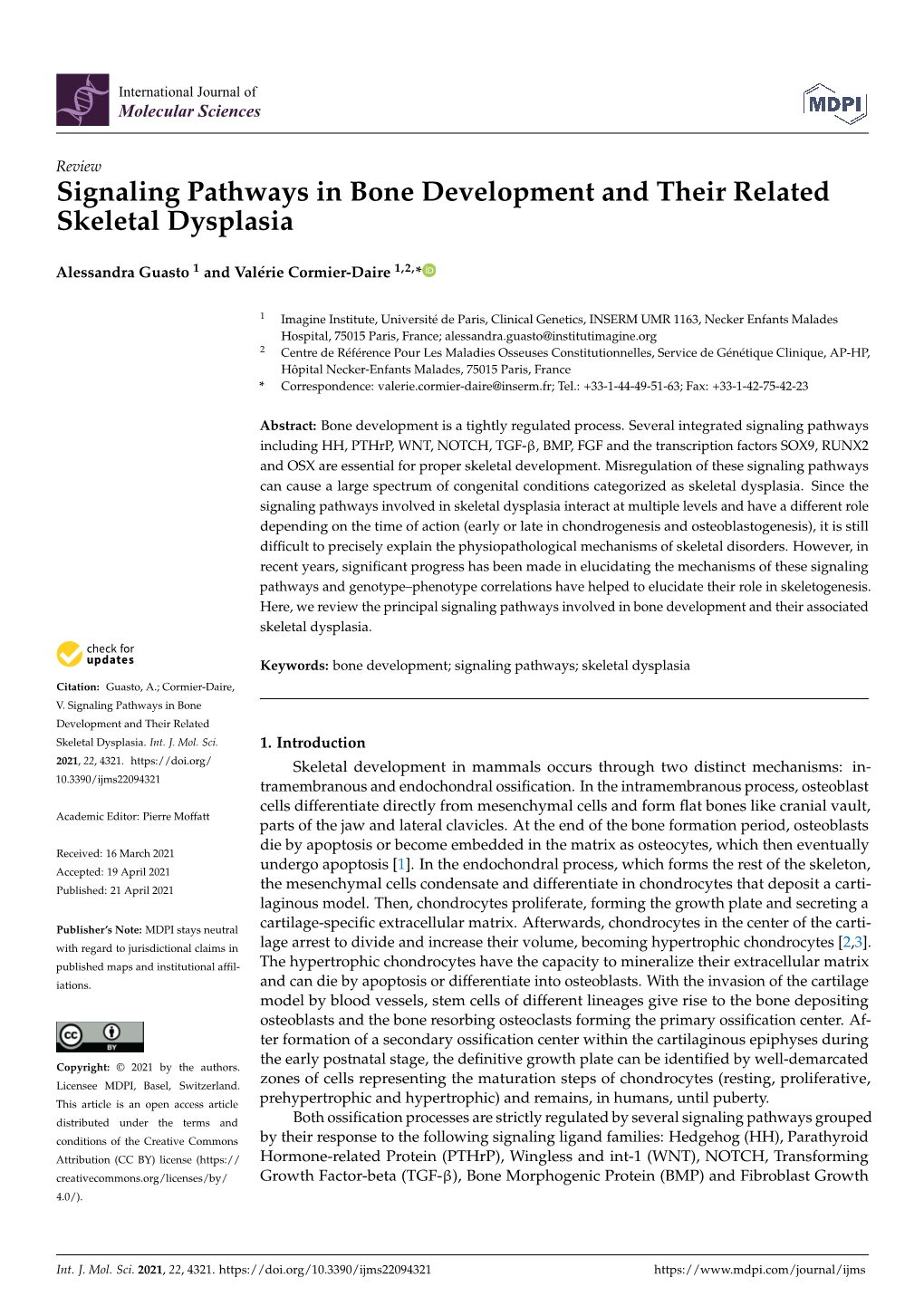 Signaling Pathways in Bone Development and Their Related Skeletal Dysplasia