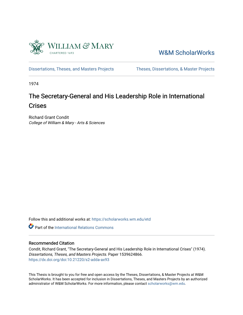 The Secretary-General and His Leadership Role in International Crises