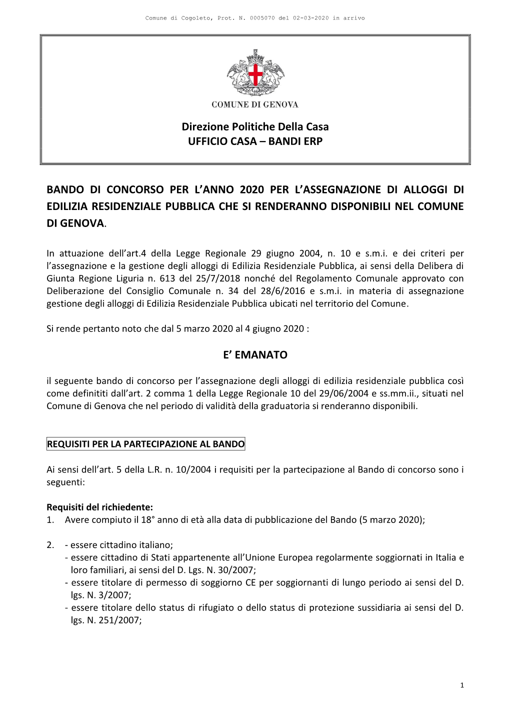 Direzione Politiche Della Casa UFFICIO CASA – BANDI ERP