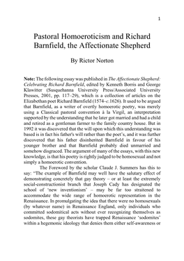 Pastoral Homoeroticism and Richard Barnfield, the Affectionate Shepherd