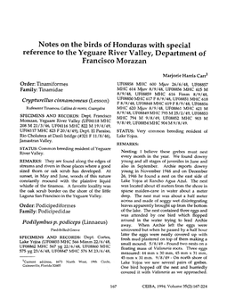 Notes on the Birds of Honduras with Special Reference to the Yeguare River Valley, Department of Francisco Morazan