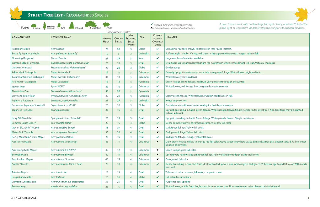 Street Tree List - Recommended Species