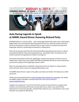 Auto Racing Legends to Speak at IMRRC Award Dinner Honoring Richard Petty