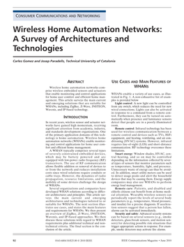 Wireless Home Automation Networks: a Survey of Architectures and Technologies