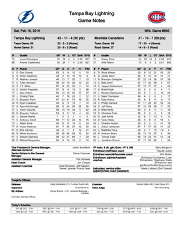 Tampa Bay Lightning Game Notes