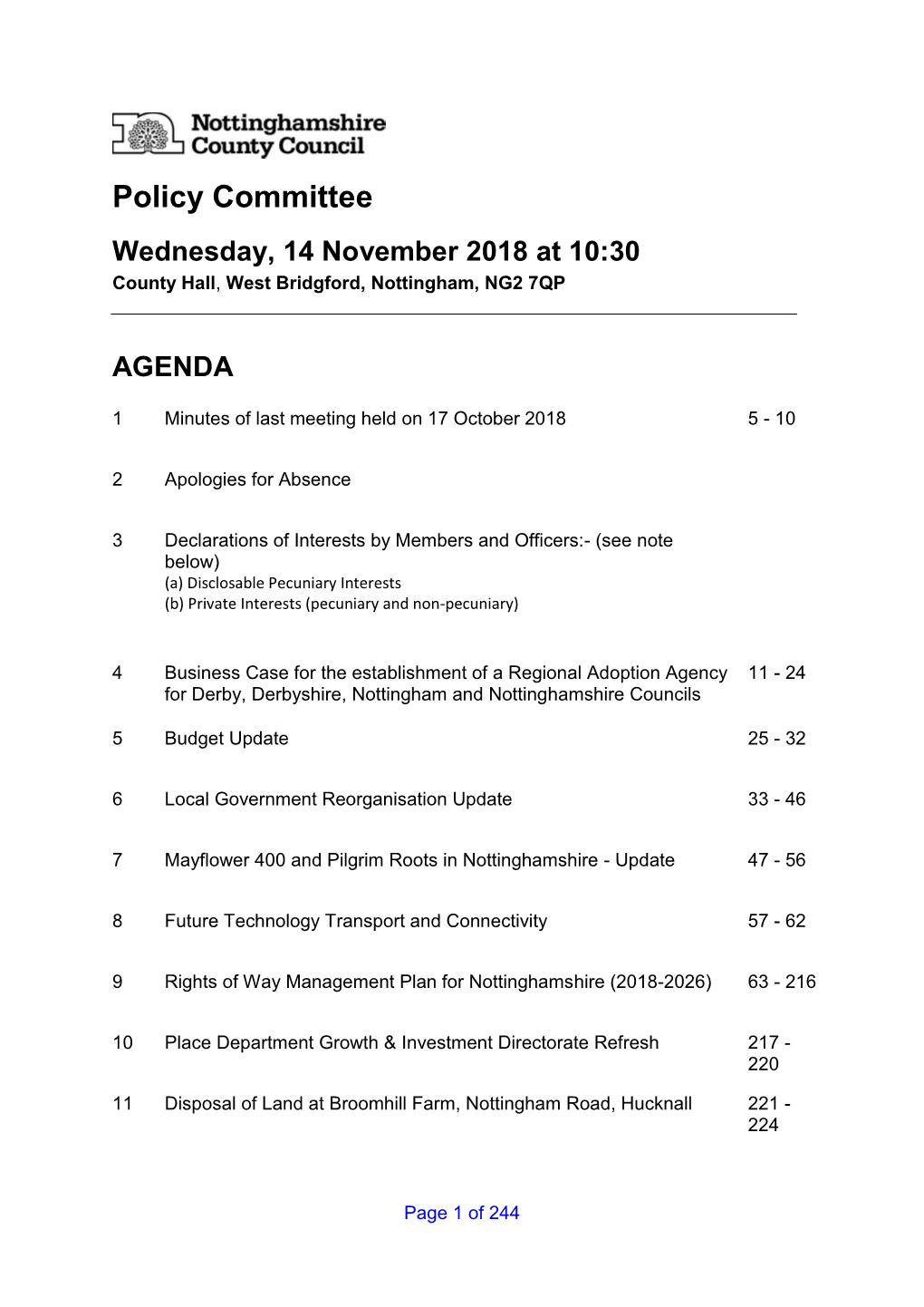 Policy Committee Wednesday, 14 November 2018 at 10:30 County Hall, West Bridgford, Nottingham, NG2 7QP