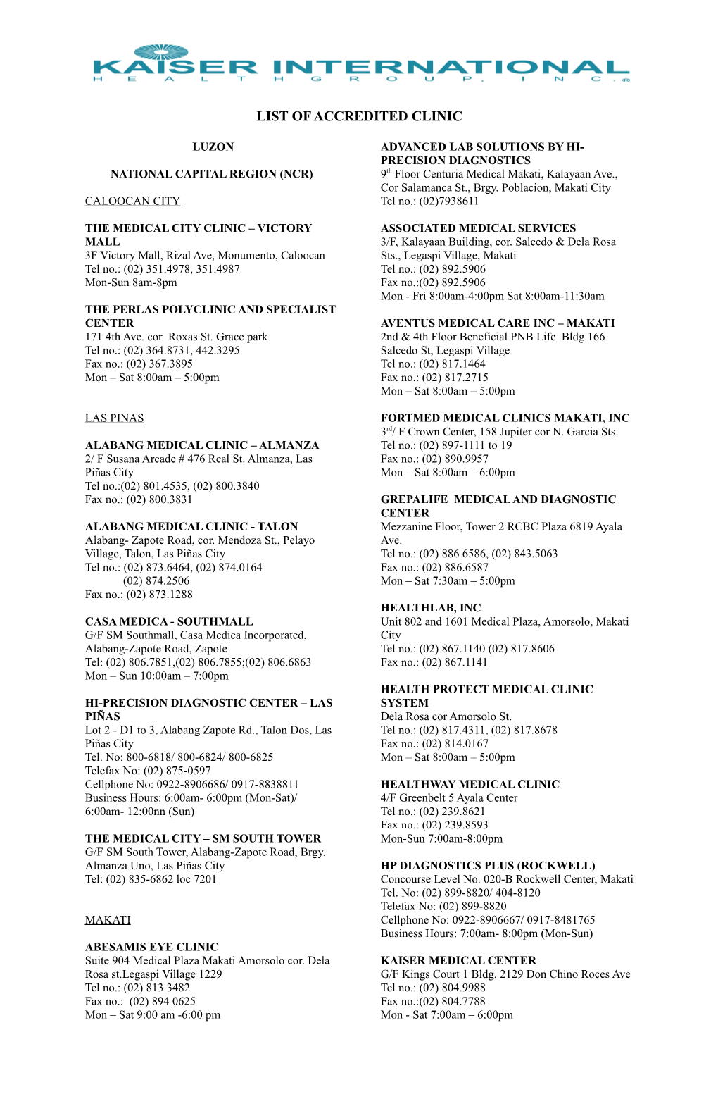 List of Accredited Clinic