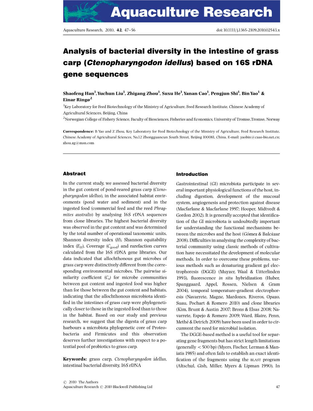 Analysis of Bacterial Diversity in the Intestine of Grass Carp (Ctenopharyngodon Idellus) Based on 16S Rdna Gene Sequences