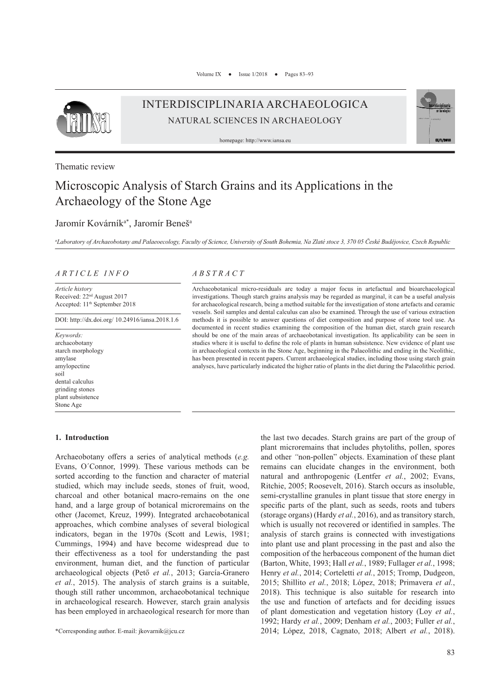 Microscopic Analysis of Starch Grains and Its Applications in the Archaeology of the Stone Age