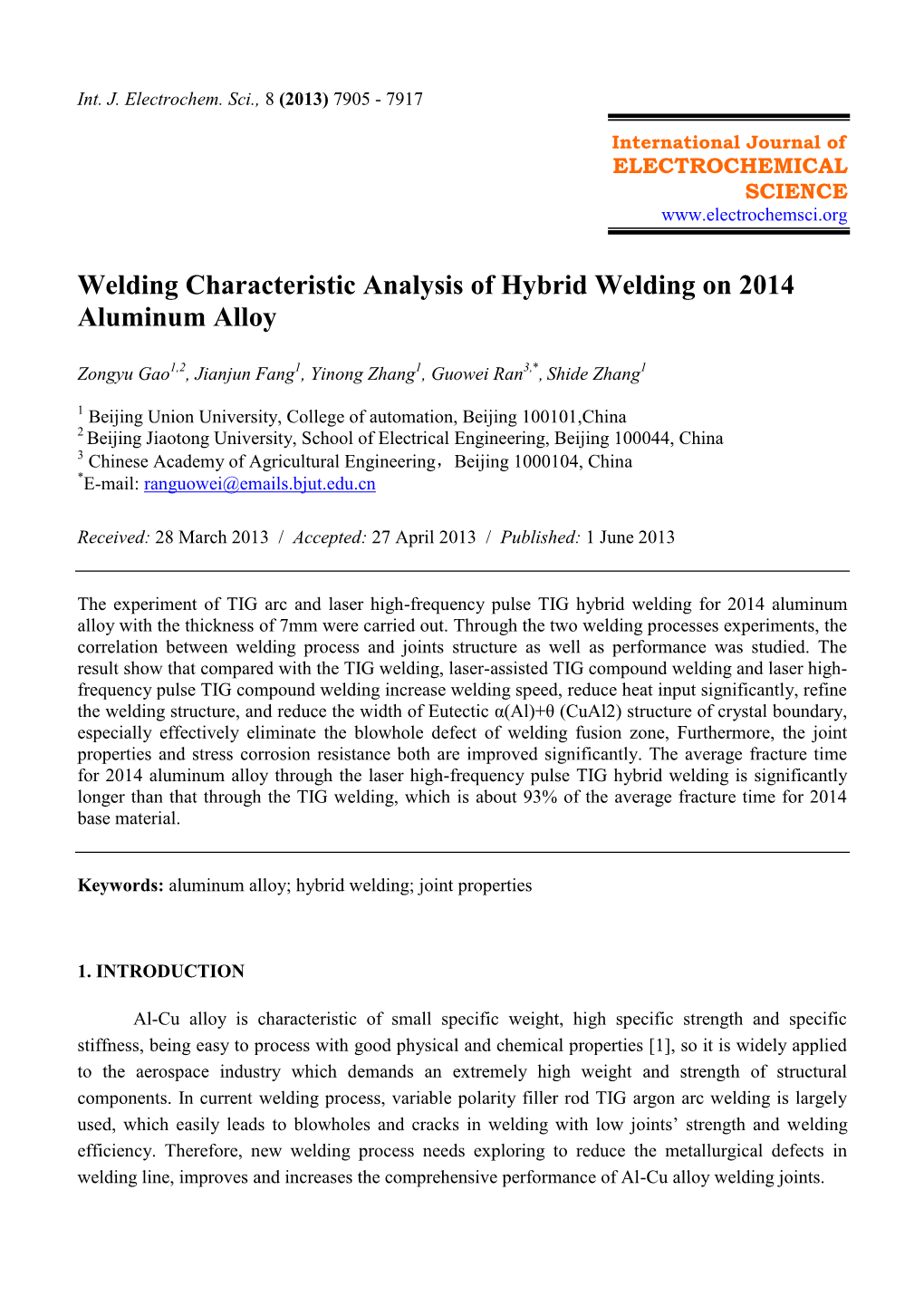 Welding Characteristic Analysis of Hybrid Welding on 2014 Aluminum Alloy