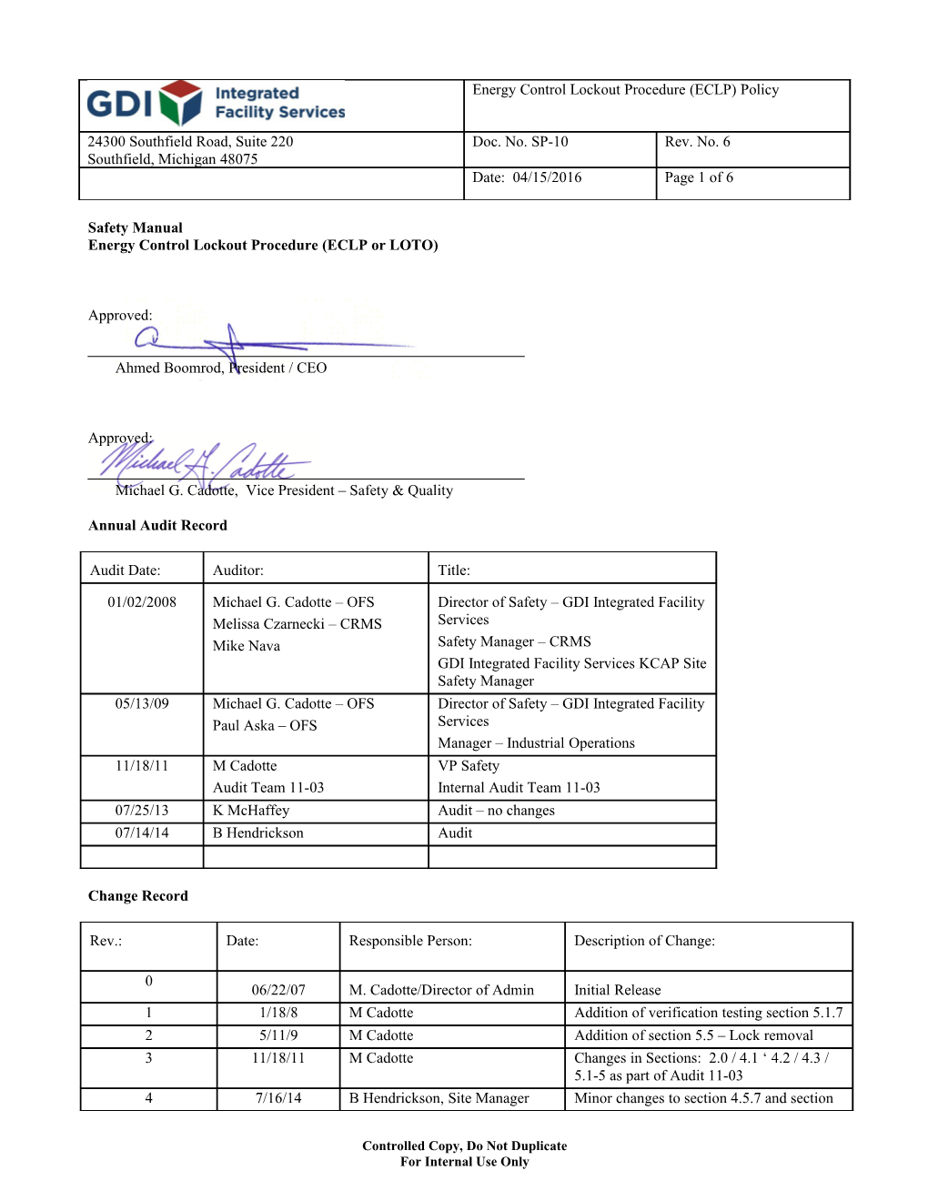 Energy Control Lockout Procedure (ECLP Or LOTO)