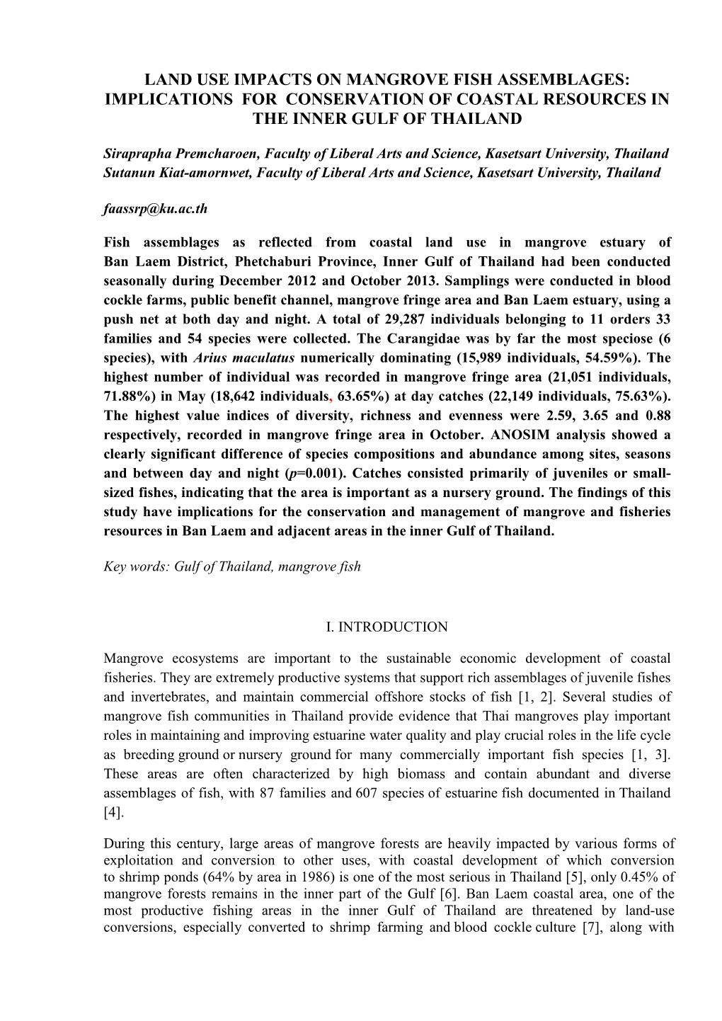 Land Use Impacts on Mangrove Fish Assemblages: Implications for Conservation of Coastal Resources in the Inner Gulf of Thailand