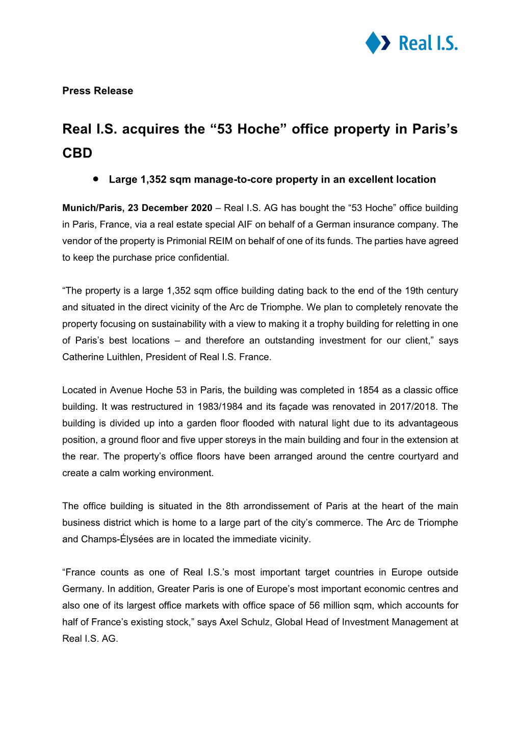 Real I.S. Acquires the “53 Hoche” Office Property in Paris's