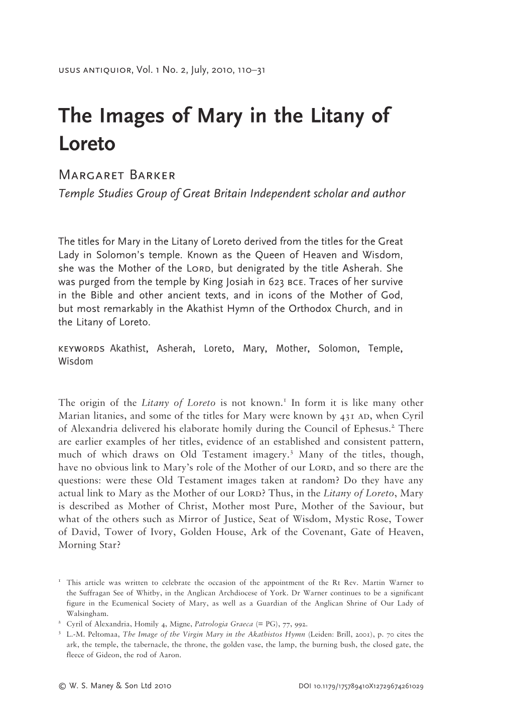 The Images of Mary in the Litany of Loreto Margaret Barker Temple Studies Group of Great Britain Independent Scholar and Author