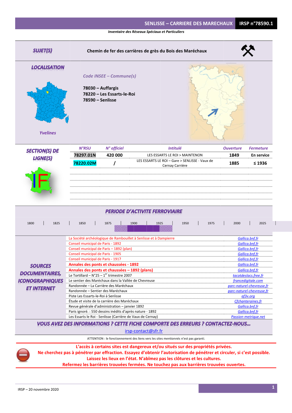 SENLISSE – CARRIERE DES MARECHAUX IRSP N°78590.1 Inventaire Des Réseaux Spéciaux Et Particuliers