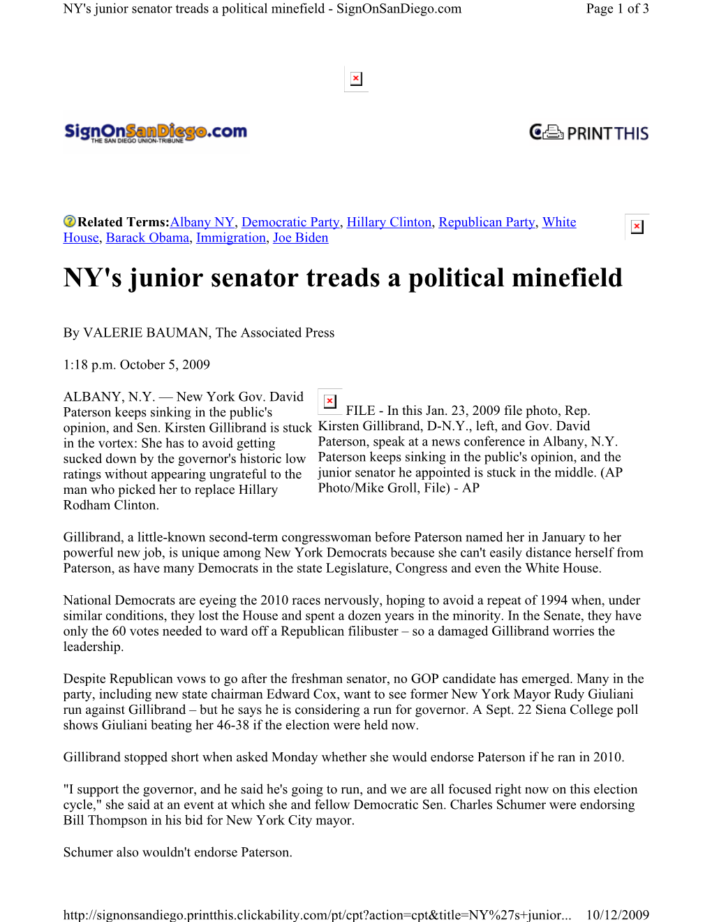 NY's Junior Senator Treads a Political Minefield - Signonsandiego.Com Page 1 of 3