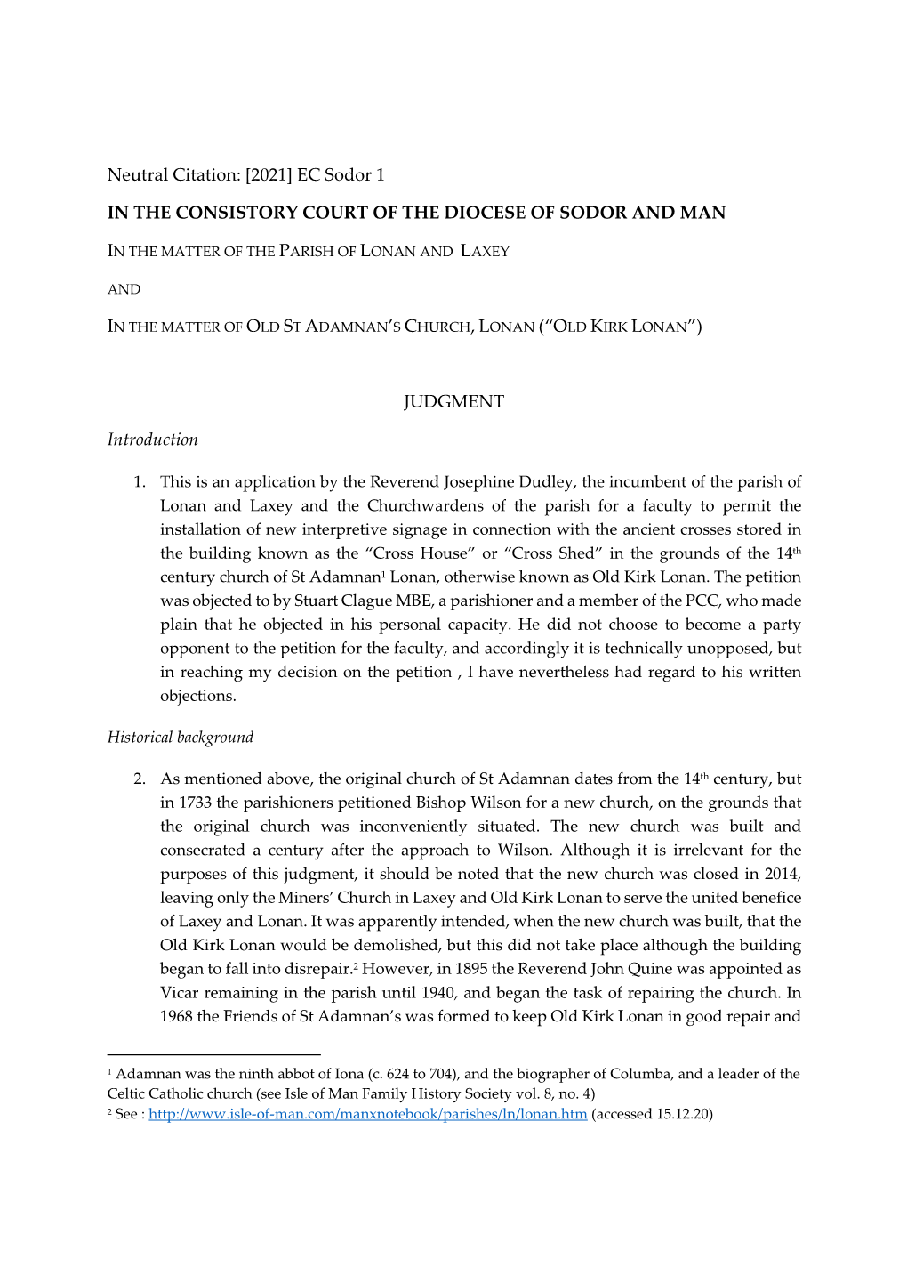 Re St. Adamnan's Lonan [2021] EC Sodor 1