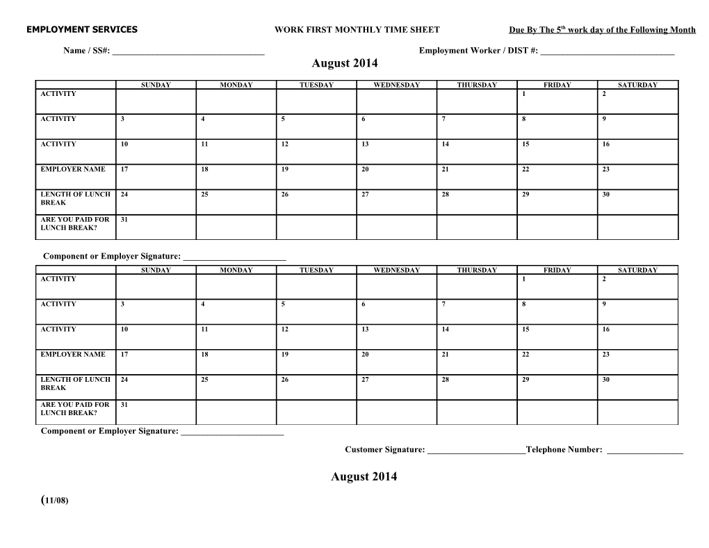 Employment Services Work First Time Sheet