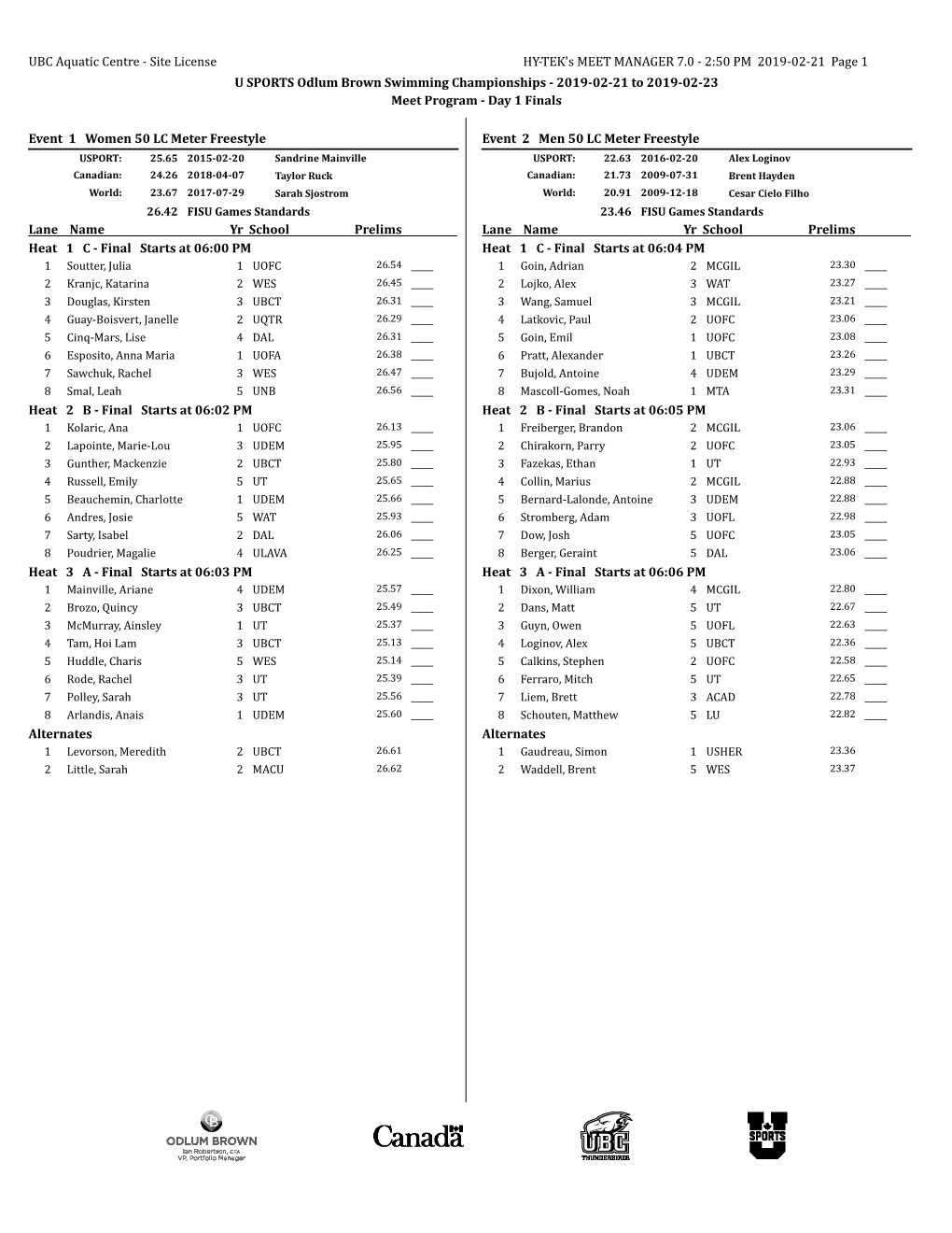 Day 1 Finals Heat Sheet