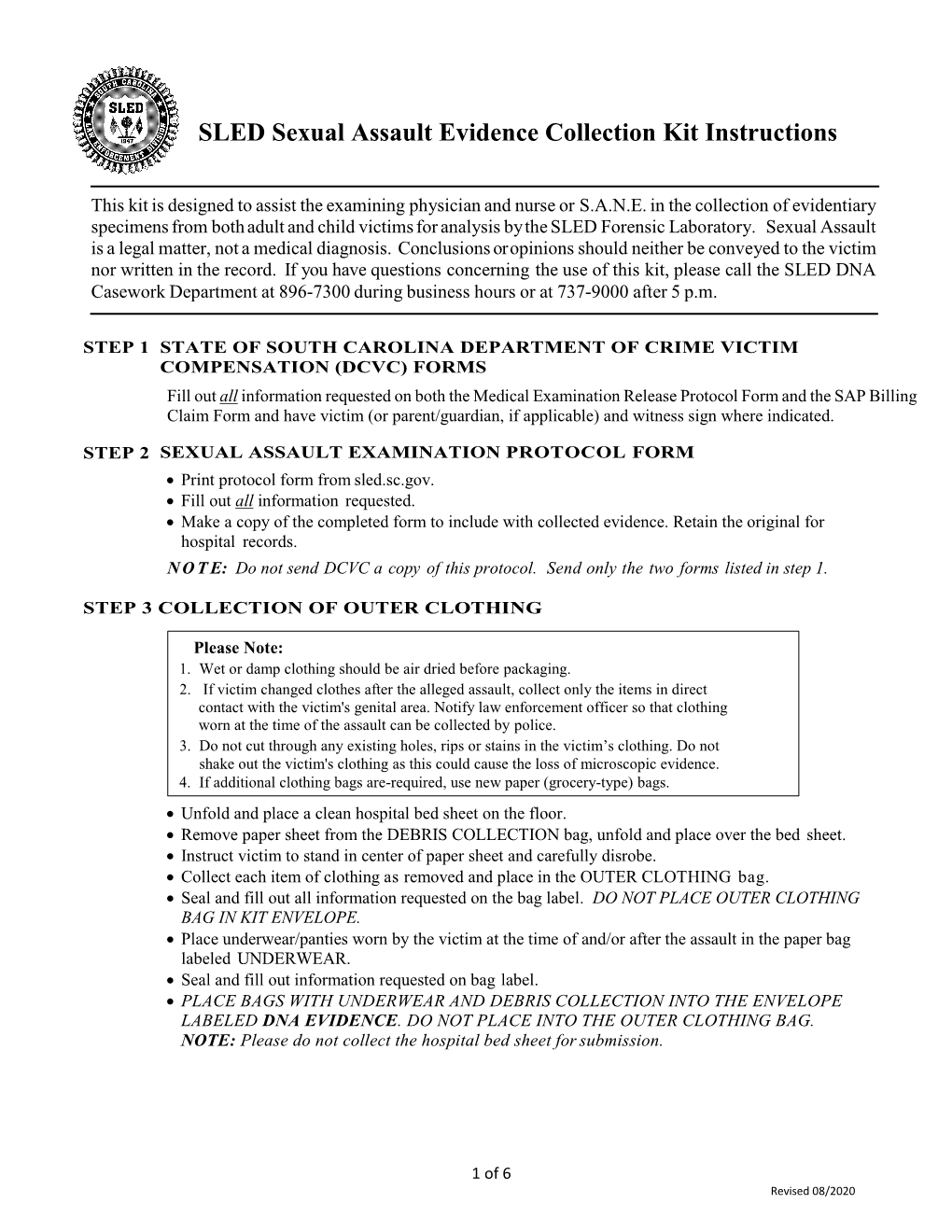 SLED Sexual Assault Evidence Collection Kit Instructions