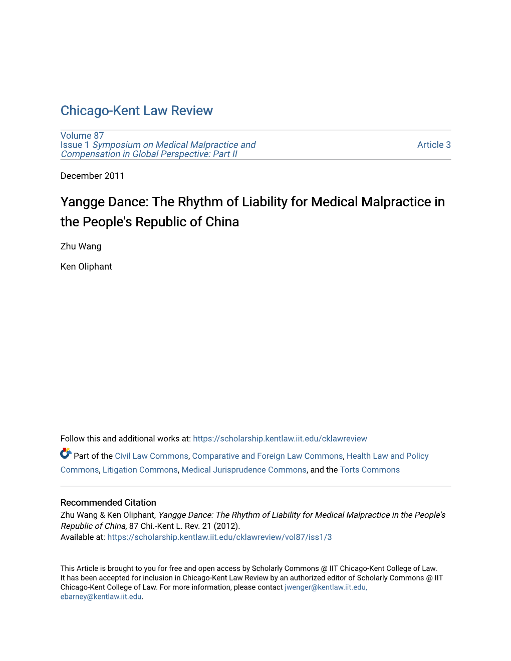 Yangge Dance: the Rhythm of Liability for Medical Malpractice in the People's Republic of China