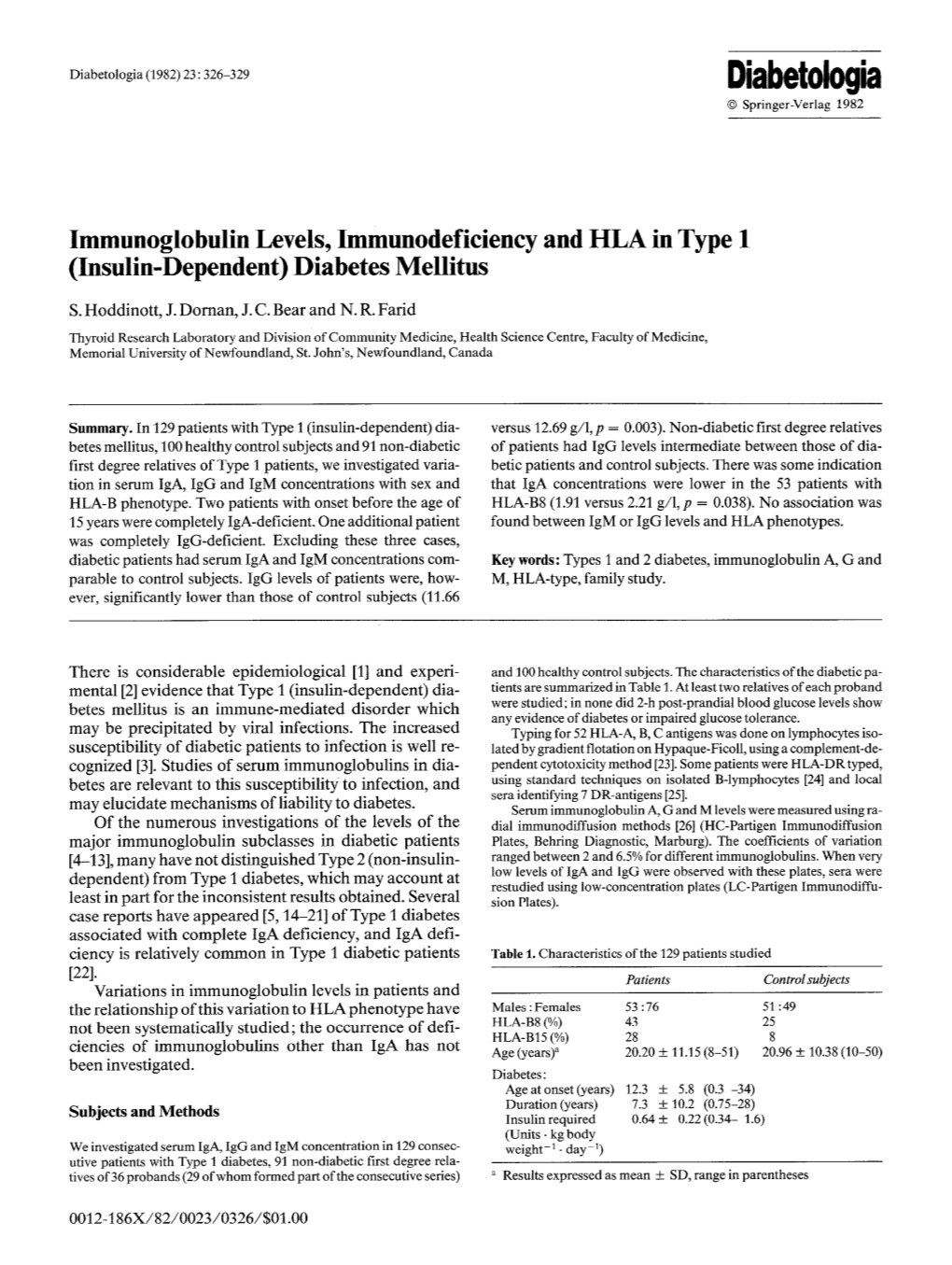Immunoglobulin Levels, Immunodeficiency and HLA in Type 1 (Insulin-Dependent) Diabetes Mellitus