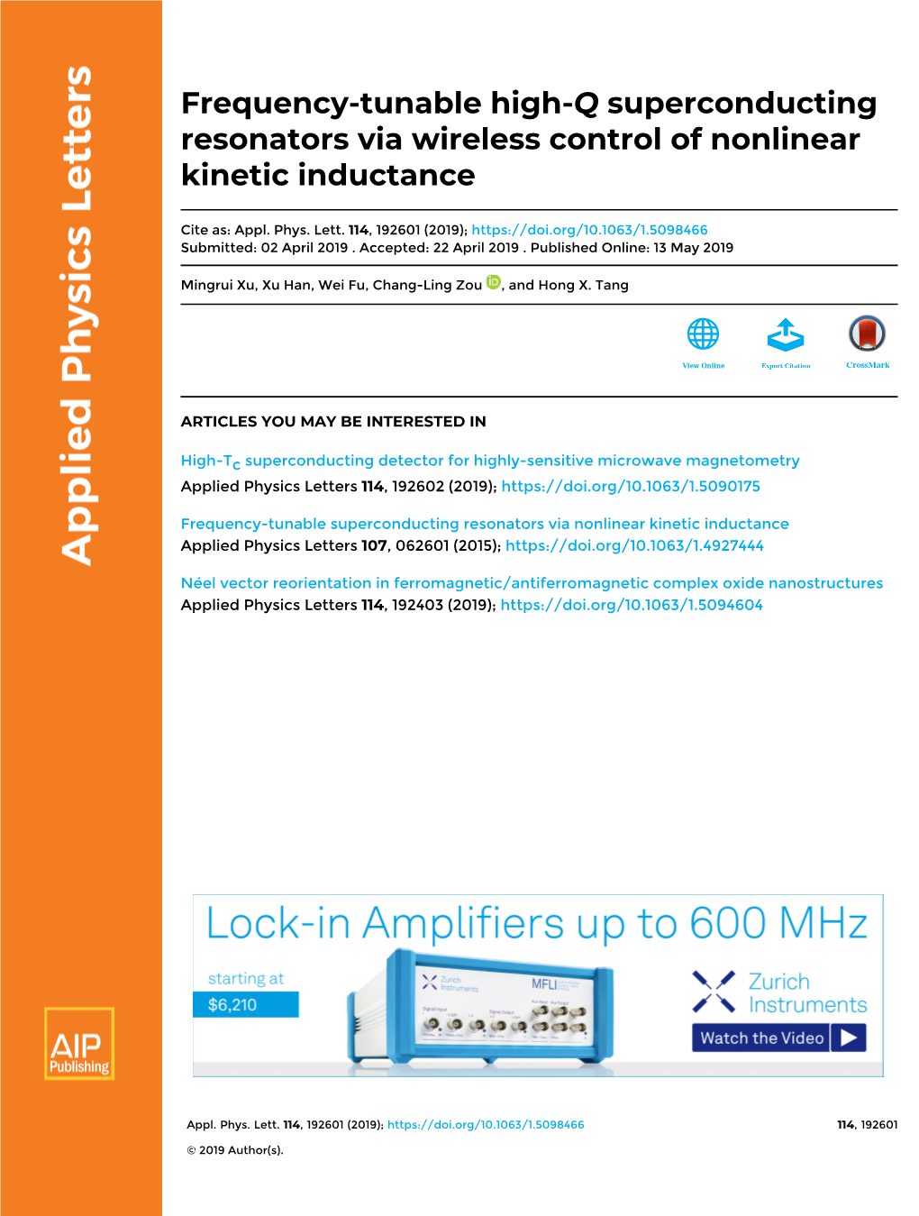 Frequency-Tunable High-Q Superconducting Resonators Via Wireless Control of Nonlinear Kinetic Inductance