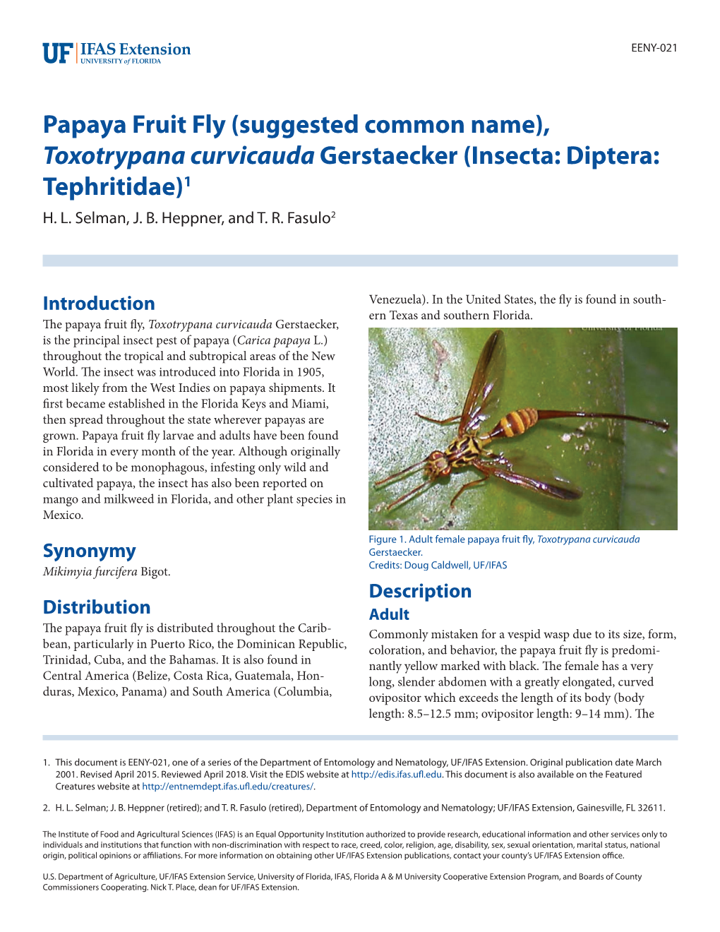 Papaya Fruit Fly (Suggested Common Name), Toxotrypana Curvicauda Gerstaecker (Insecta: Diptera: Tephritidae)1 H