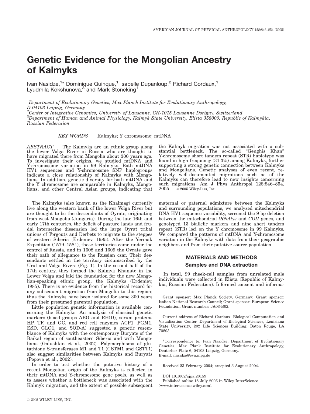 Genetic Evidence for the Mongolian Ancestry of Kalmyks