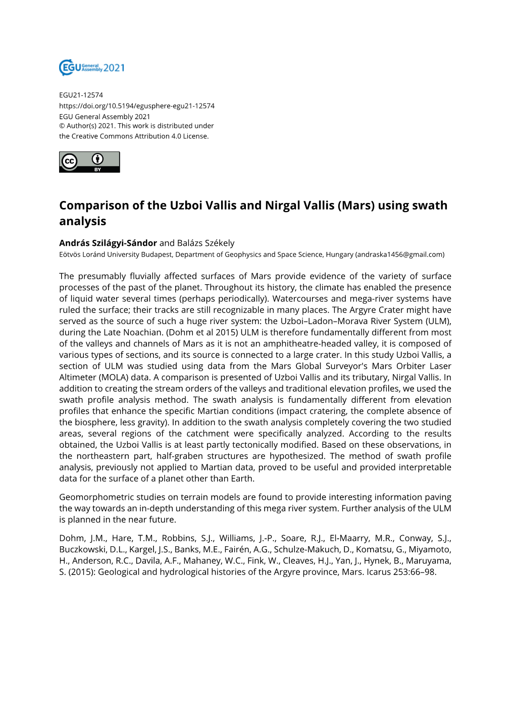 Comparison of the Uzboi Vallis and Nirgal Vallis (Mars) Using Swath Analysis