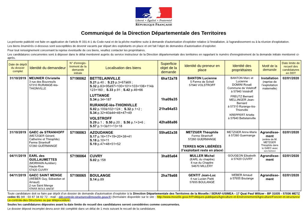 Communiqué De La Direction Départementale Des Territoires