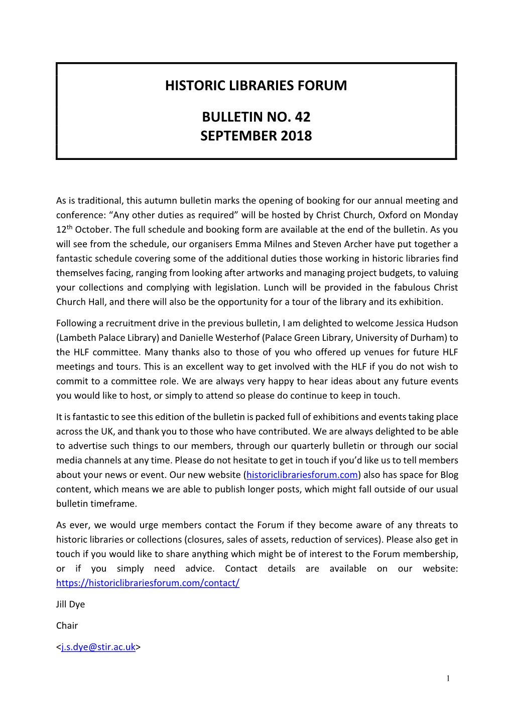 Historic Libraries Forum Bulletin No. 42 September 2018