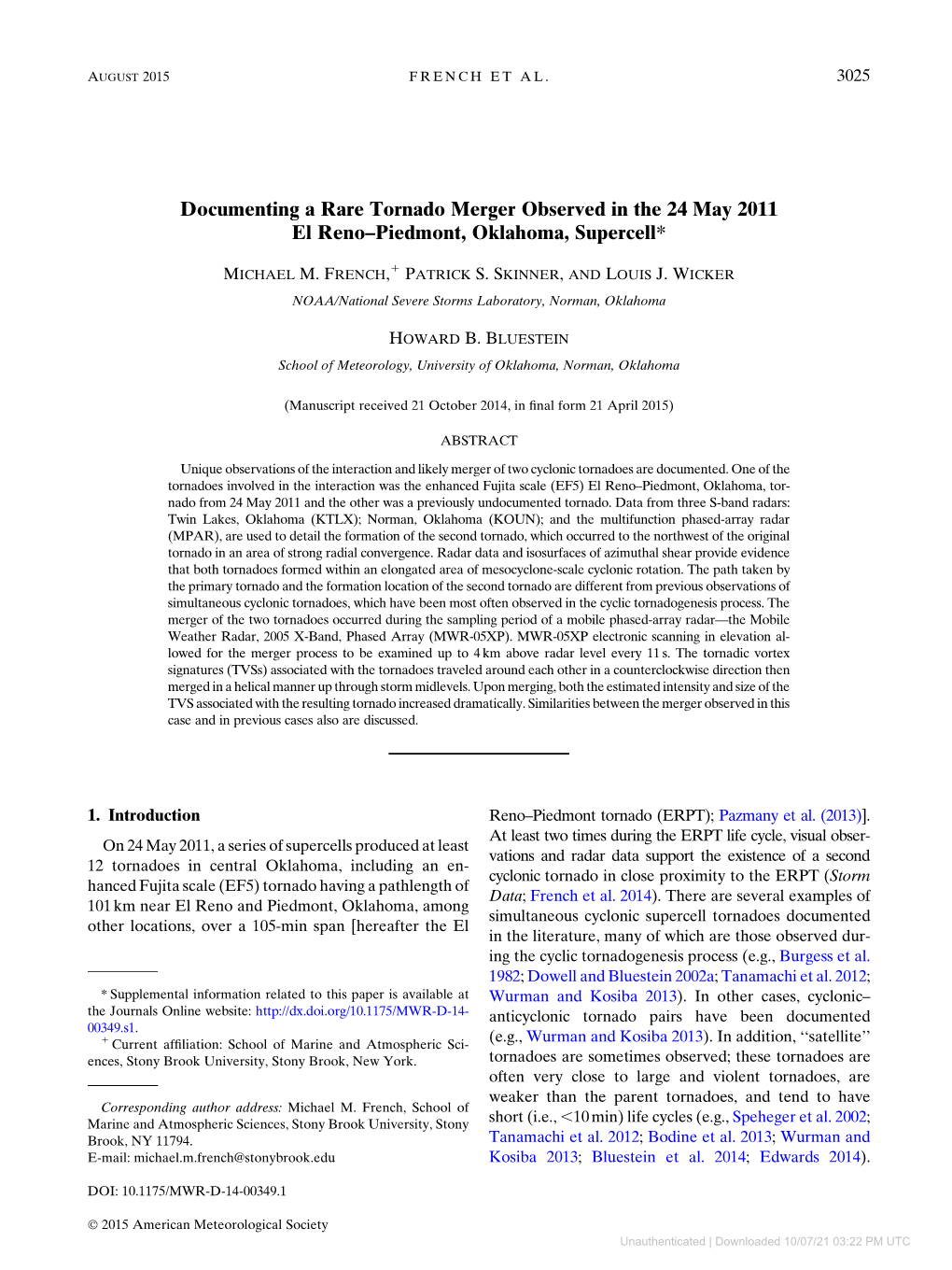 Documenting a Rare Tornado Merger Observed in the 24 May 2011 El Reno–Piedmont, Oklahoma, Supercell*