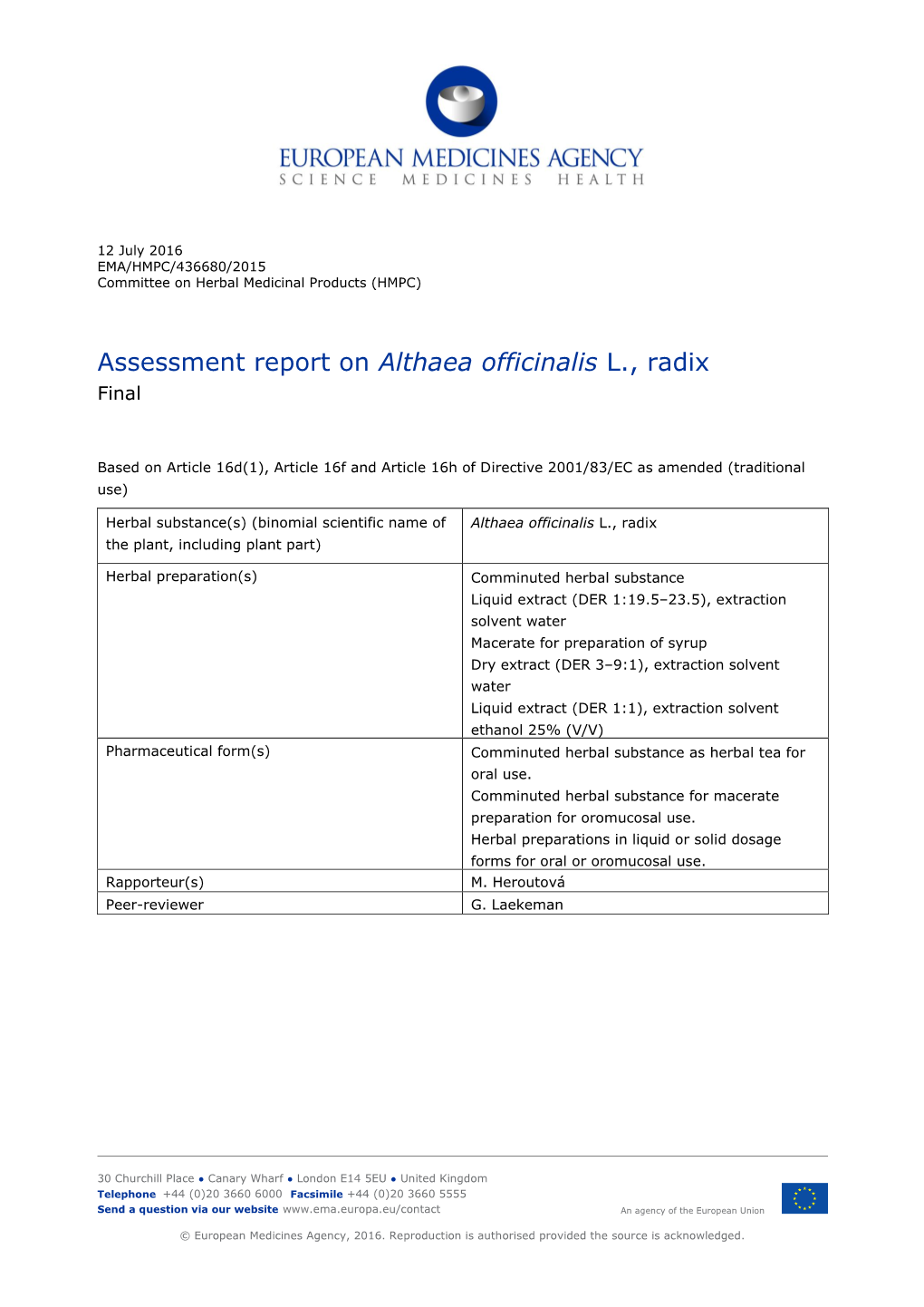 Assessment Report on Althaea Officinalis L., Radix Final