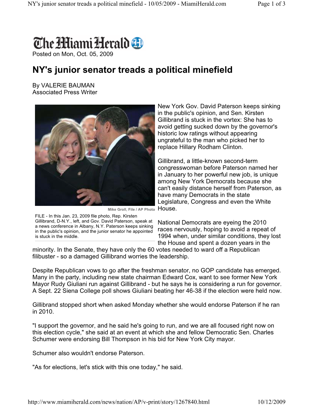 NY's Junior Senator Treads a Political Minefield - 10/05/2009 - Miamiherald.Com Page 1 of 3