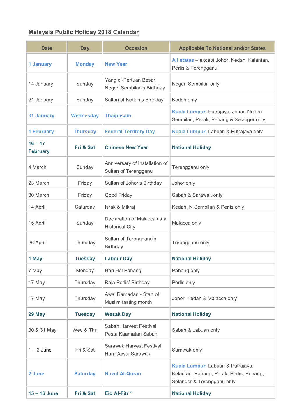 Malaysia Public Holiday 2018 Calendar