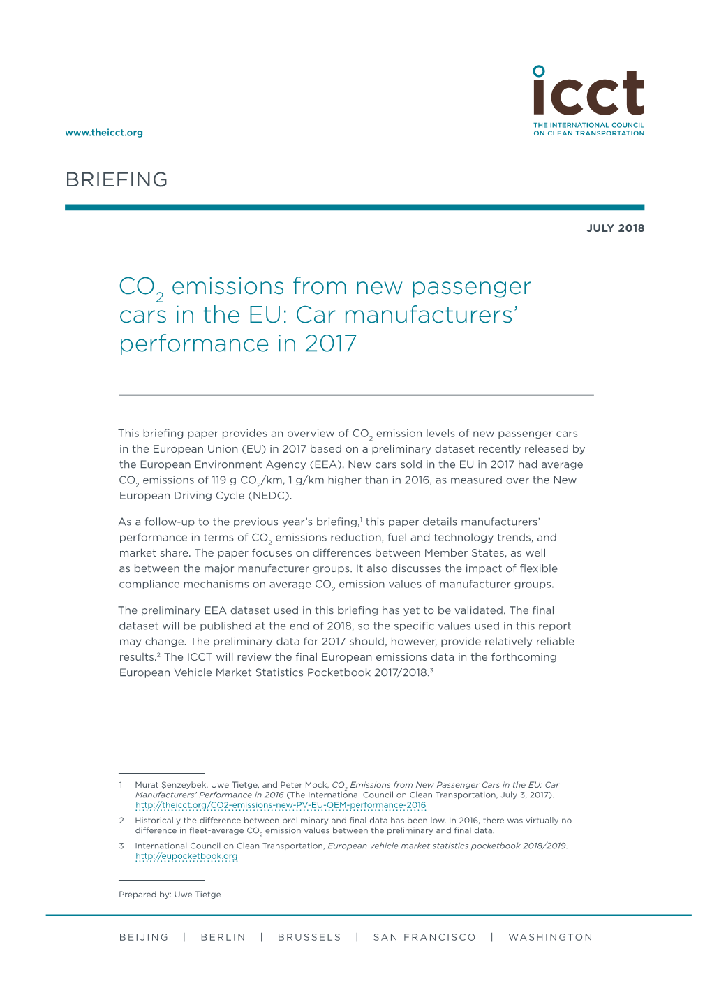 CO2 Emissions from New Passenger Cars in the EU: Car Manufacturers’ Performance in 2017