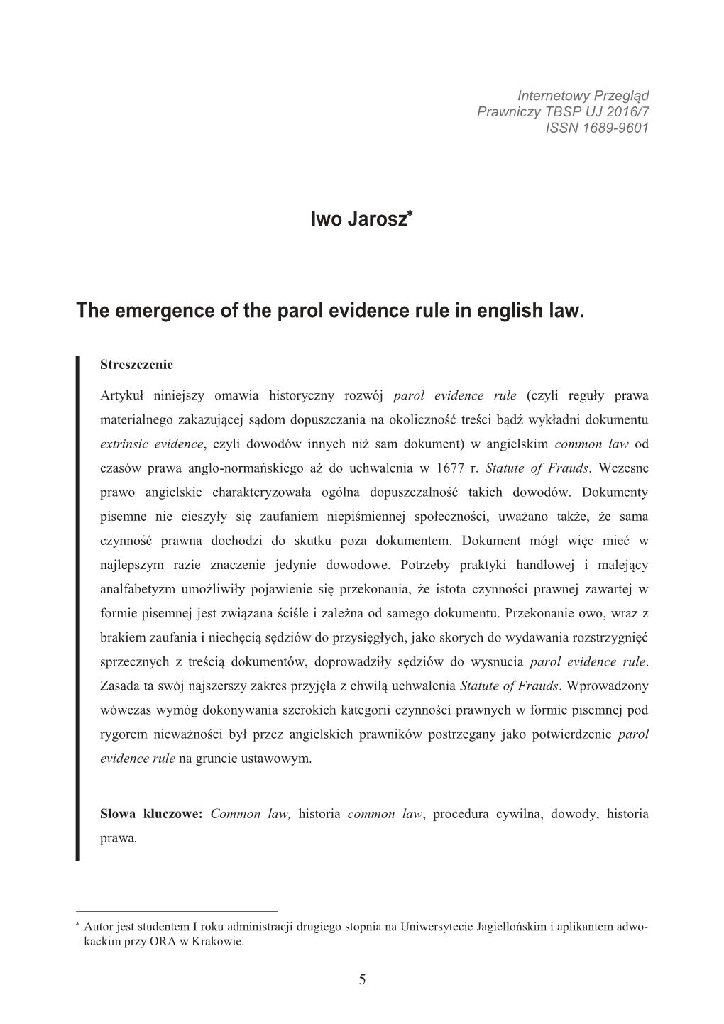 The Emergence of the Parol Evidence Rule in English Law