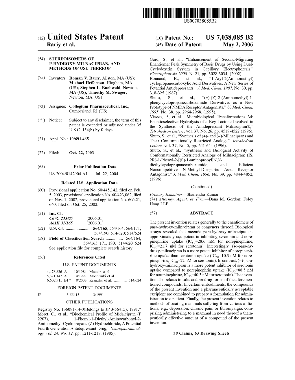 (12) United States Patent (10) Patent No.: US 7,038,085 B2 Rariy Et Al