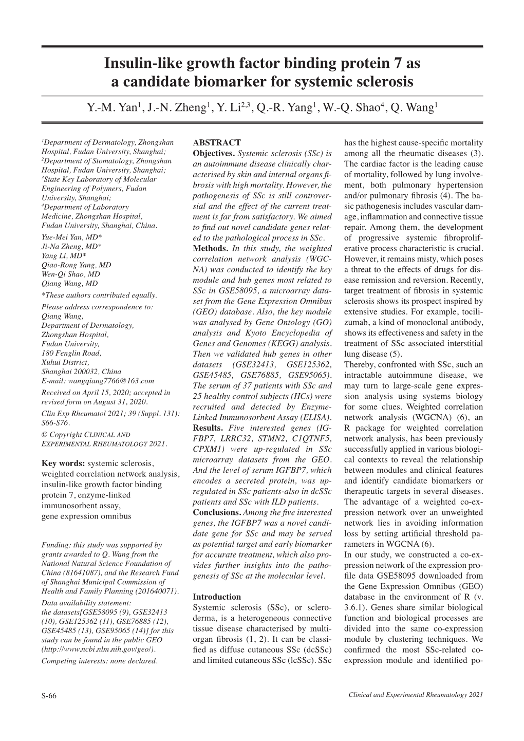 Insulin-Like Growth Factor Binding Protein 7 As a Candidate Biomarker for Systemic Sclerosis Y.-M