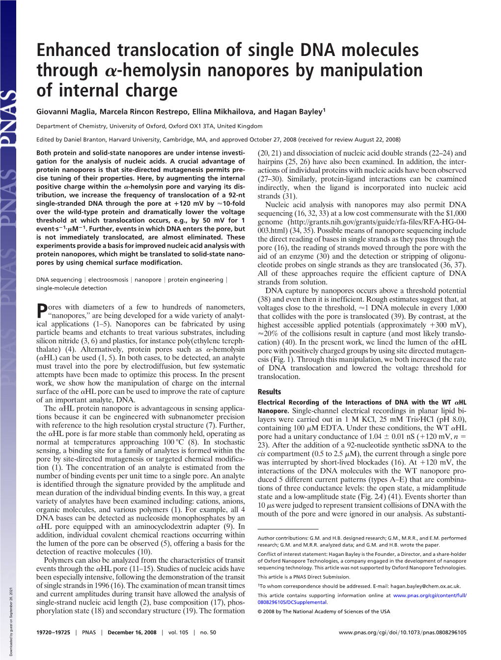 Enhanced Translocation of Single DNA Molecules Through ␣-Hemolysin Nanopores by Manipulation of Internal Charge