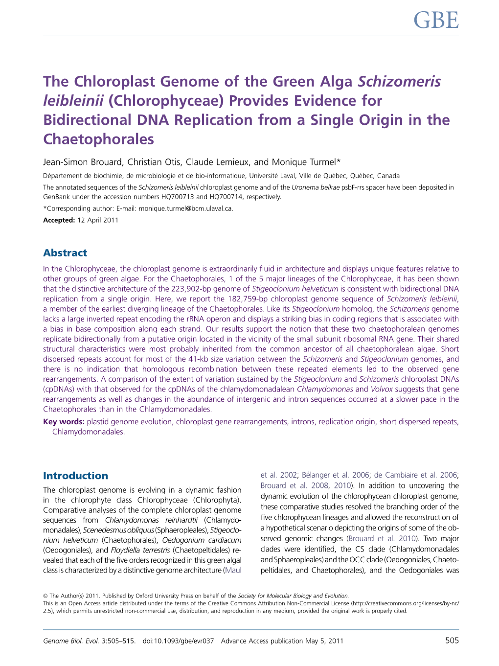 Chlorophyceae) Provides Evidence for Bidirectional DNA Replication from a Single Origin in the Chaetophorales